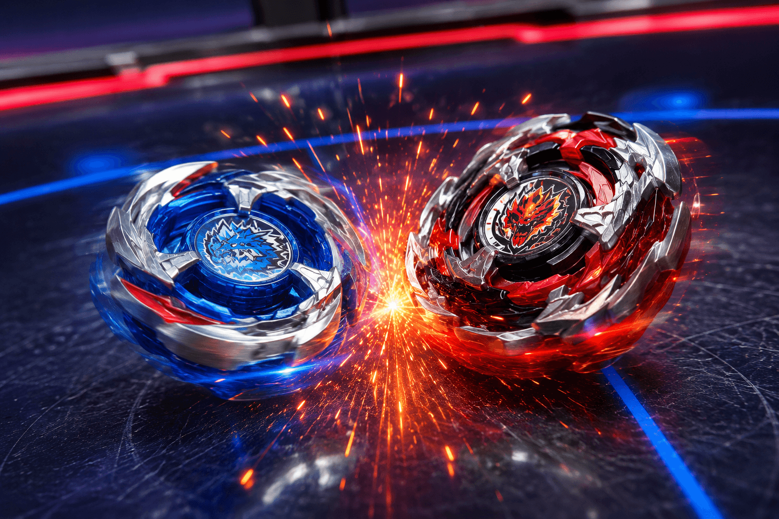 Two Beyblades clashing in a stadium